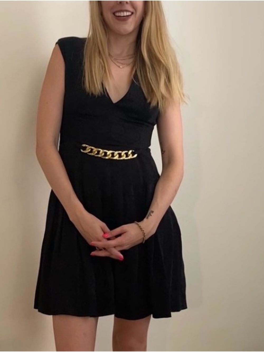 Sandro Black Sleeveless V-Neck Mini Dress with Gold Chain Waist